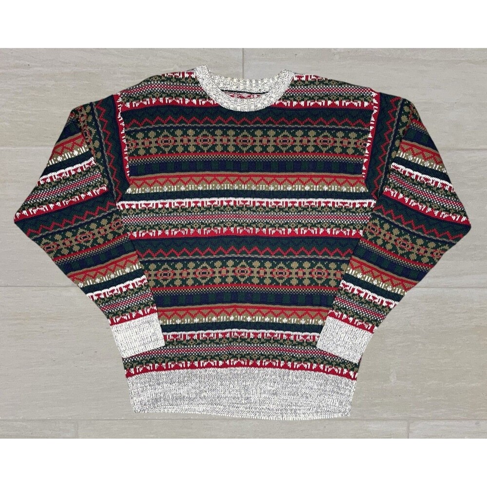 Vtg 90s Preswick Moore Wool Crew Neck  Sweater Pullover Mens LG Geometric Cosby